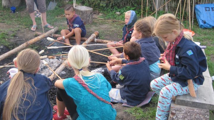 Spejdere ved bål med snobrødspinde